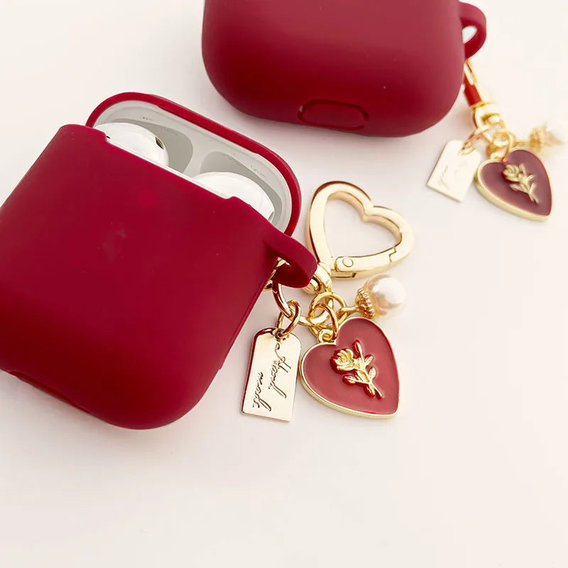 Vintage Roses Pearl Keychain AirPods Case – Wine Red Silicone