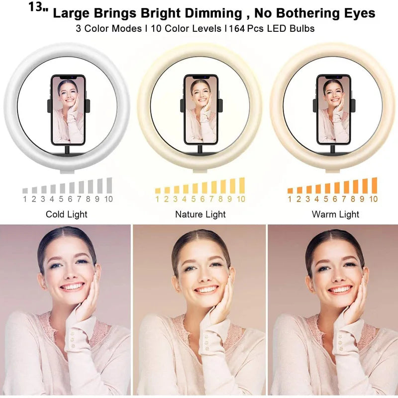 10"/13" LED Ring Light with Tripod – Dimmable USB Selfie Light for Video & Live