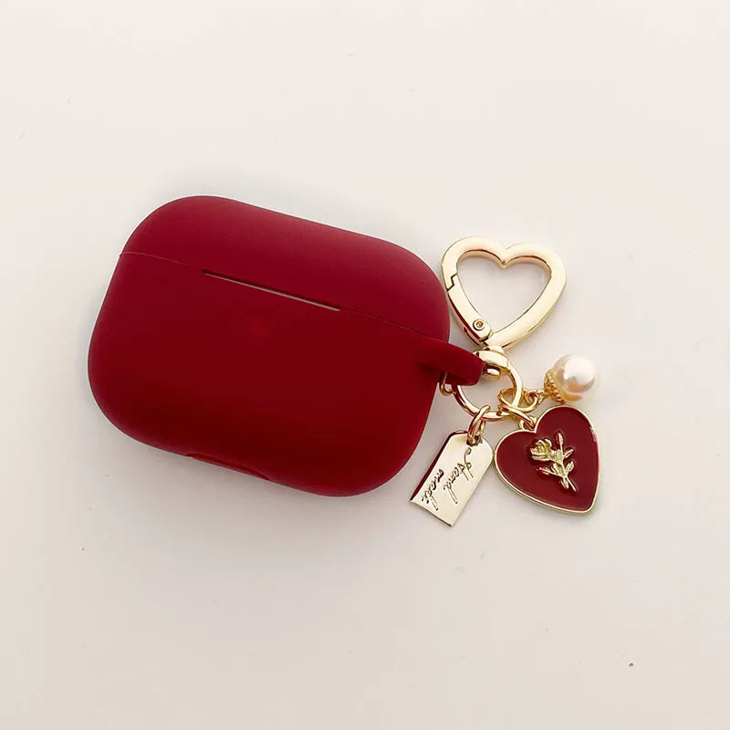 Vintage Roses Pearl Keychain AirPods Case – Wine Red Silicone