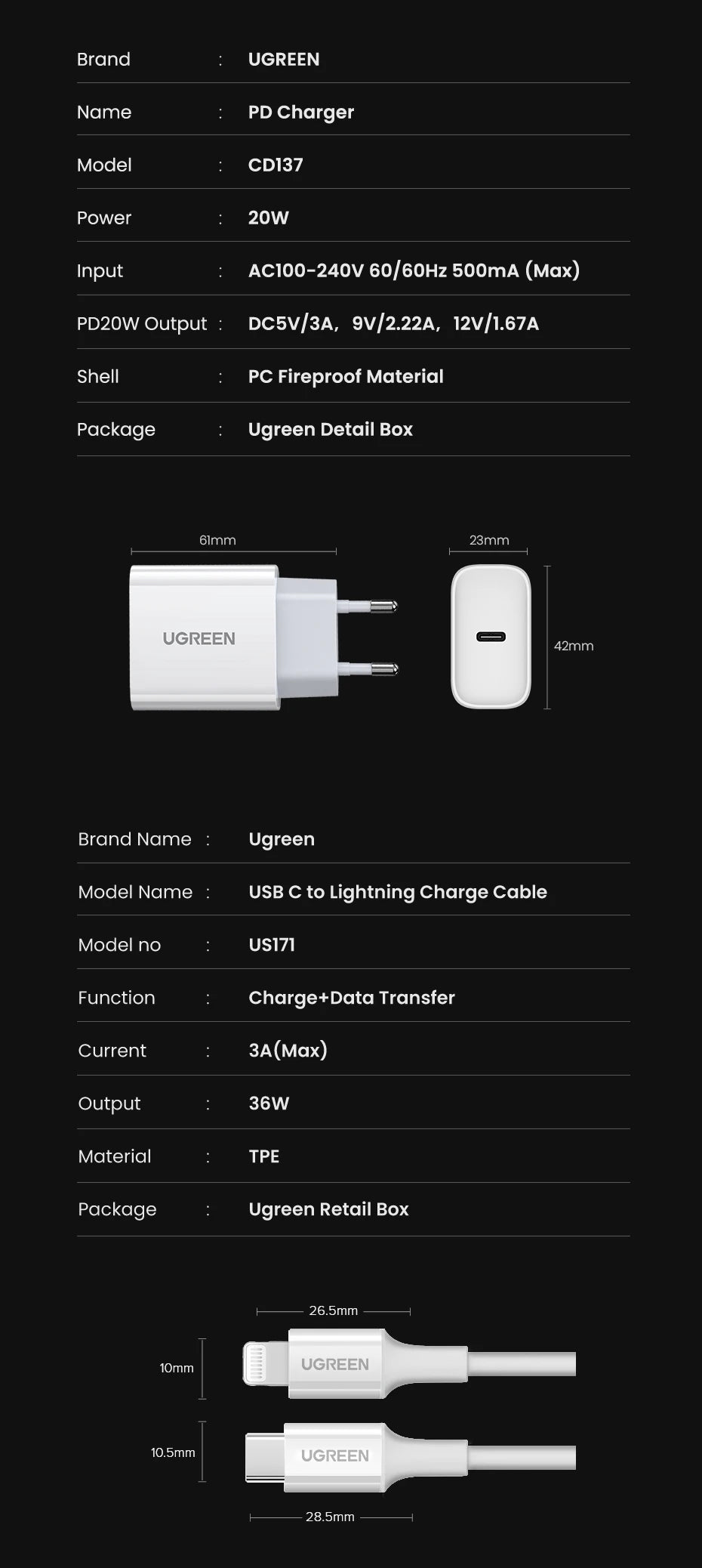 Carregador Rápido USB-C UGREEN 20W – QC 4.0 & PD