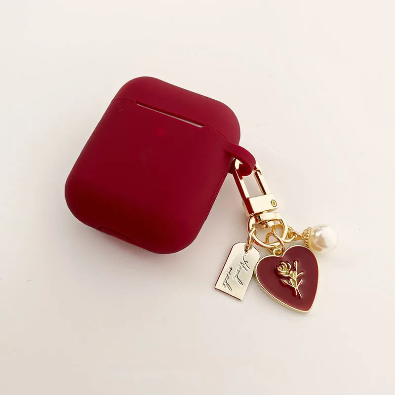 Vintage Roses Pearl Keychain AirPods Case – Wine Red Silicone