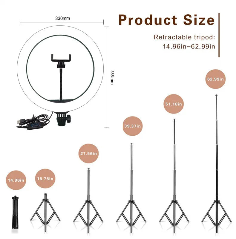 10"/13" LED Ring Light with Tripod – Dimmable USB Selfie Light for Video & Live