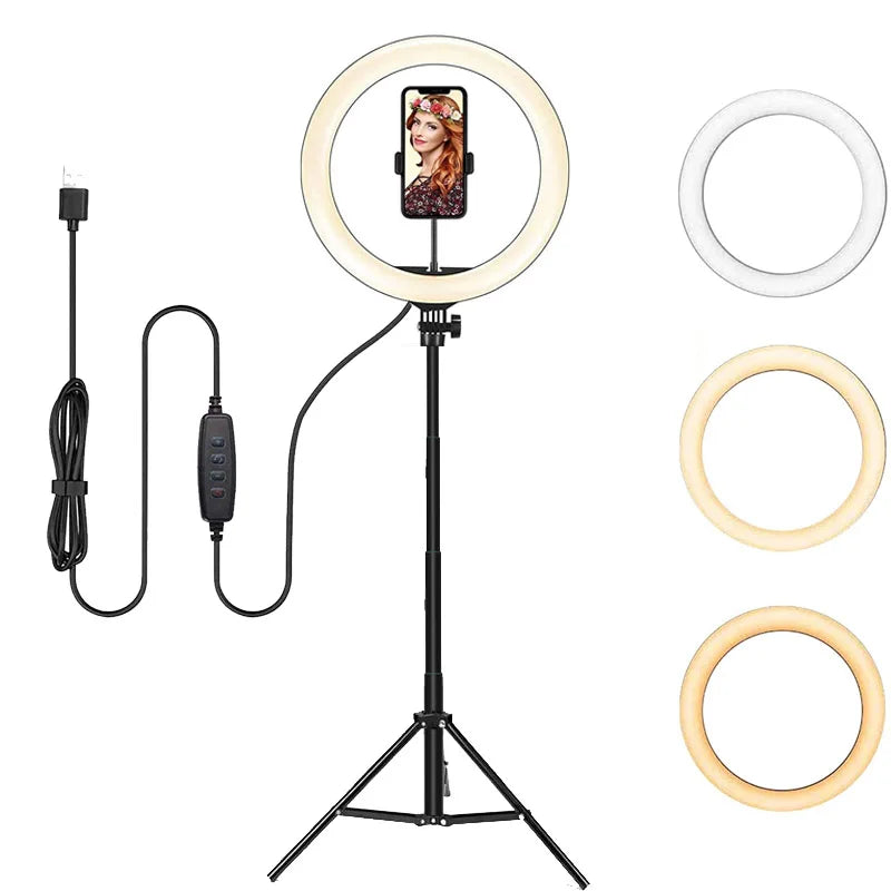 10"/13" LED Ring Light with Tripod – Dimmable USB Selfie Light for Video & Live
