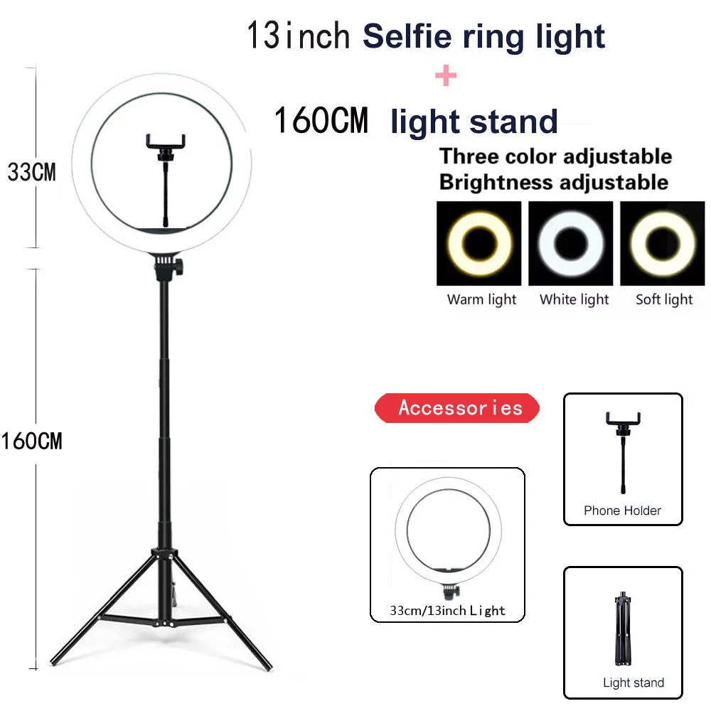 10"/13" LED Ring Light with Tripod – Dimmable USB Selfie Light for Video & Live