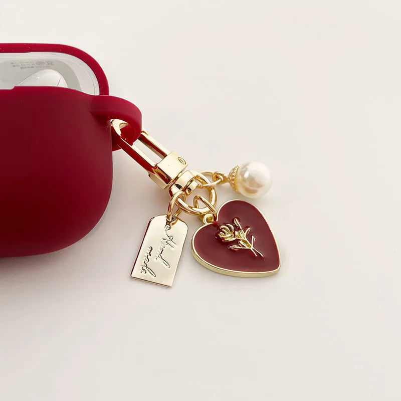 Vintage Roses Pearl Keychain AirPods Case – Wine Red Silicone