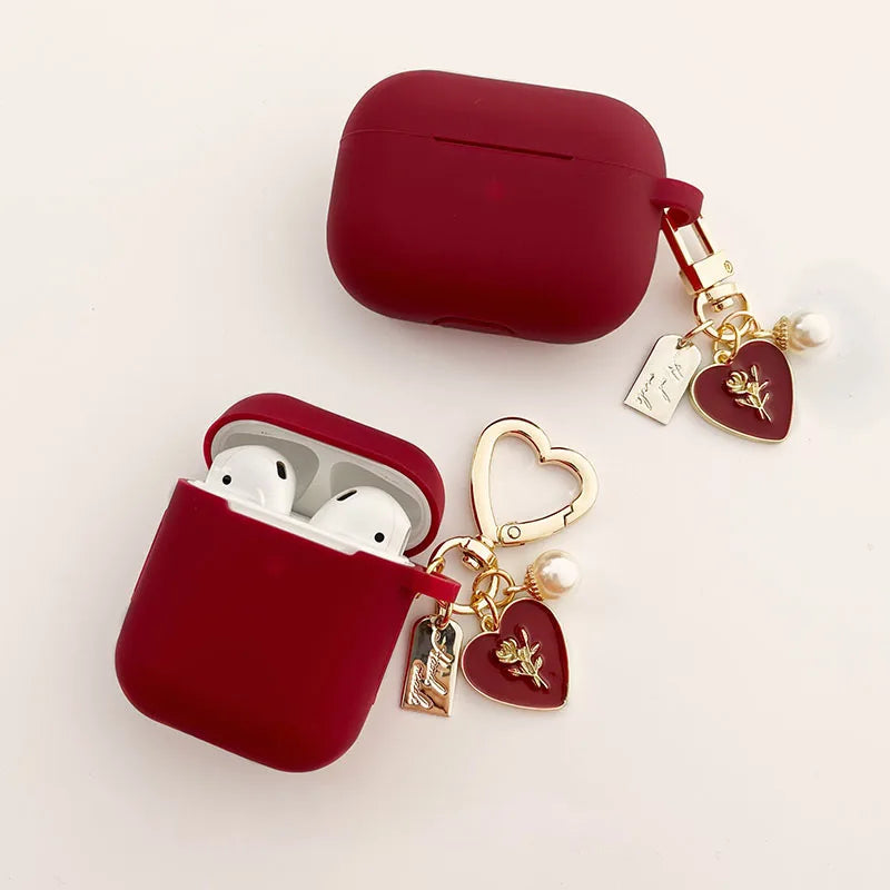 Vintage Roses Pearl Keychain AirPods Case – Wine Red Silicone