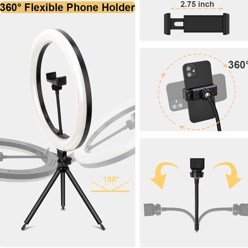 10"/13" LED Ring Light with Tripod – Dimmable USB Selfie Light for Video & Live