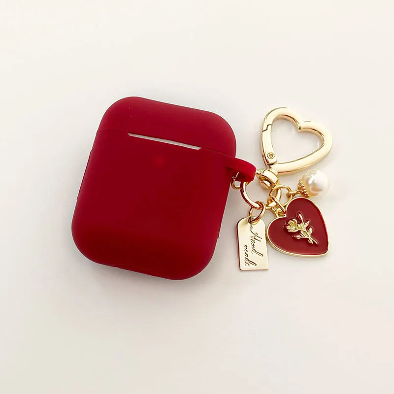 Vintage Roses Pearl Keychain AirPods Case – Wine Red Silicone