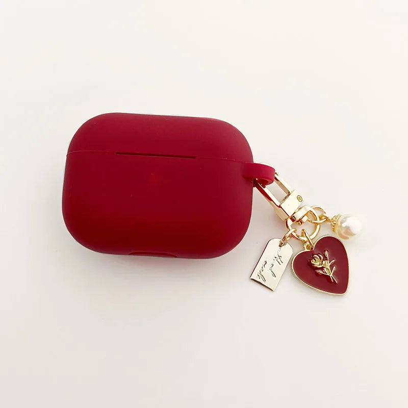 Vintage Roses Pearl Keychain AirPods Case – Wine Red Silicone