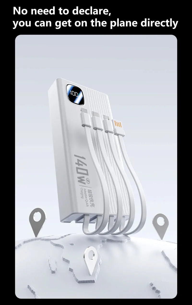 140W Super Fast Charging Power Bank - 500,000mAh with 4-in-1 Cables