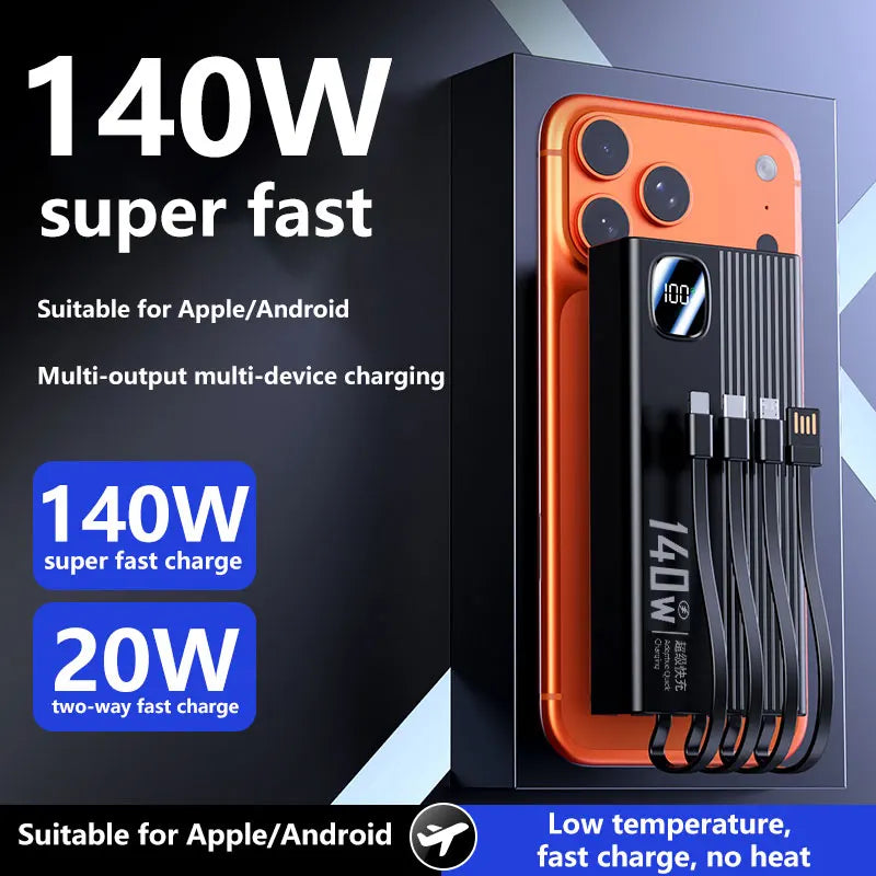 140W Super Fast Charging Power Bank - 500,000mAh with 4-in-1 Cables