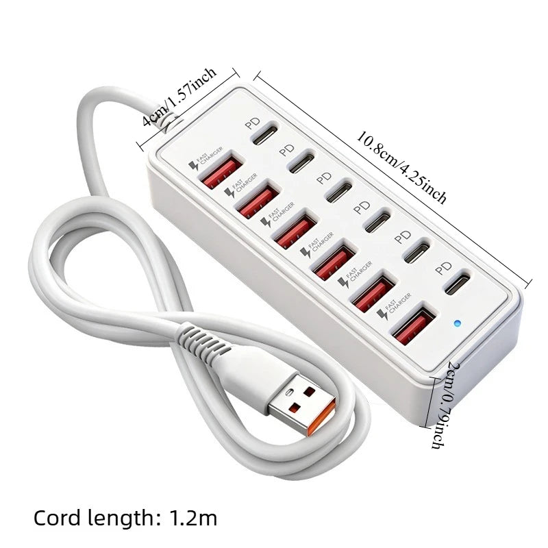 Carregador Rápido USB e USB-C de 12 Portas