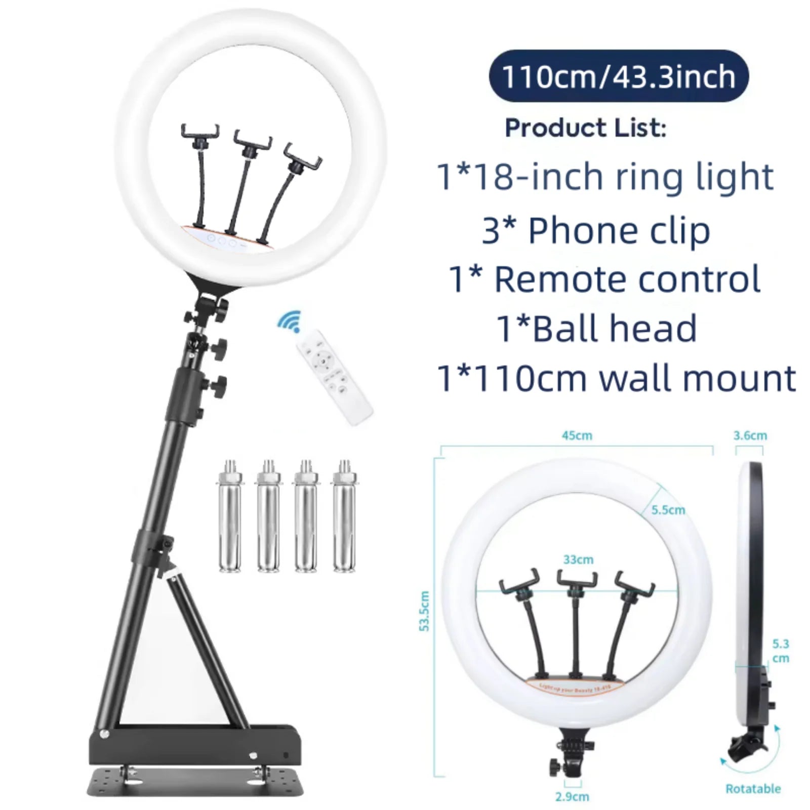 18" LED Ring Light with Wall Mount Boom Arm & Remote – Studio Lighting Kit