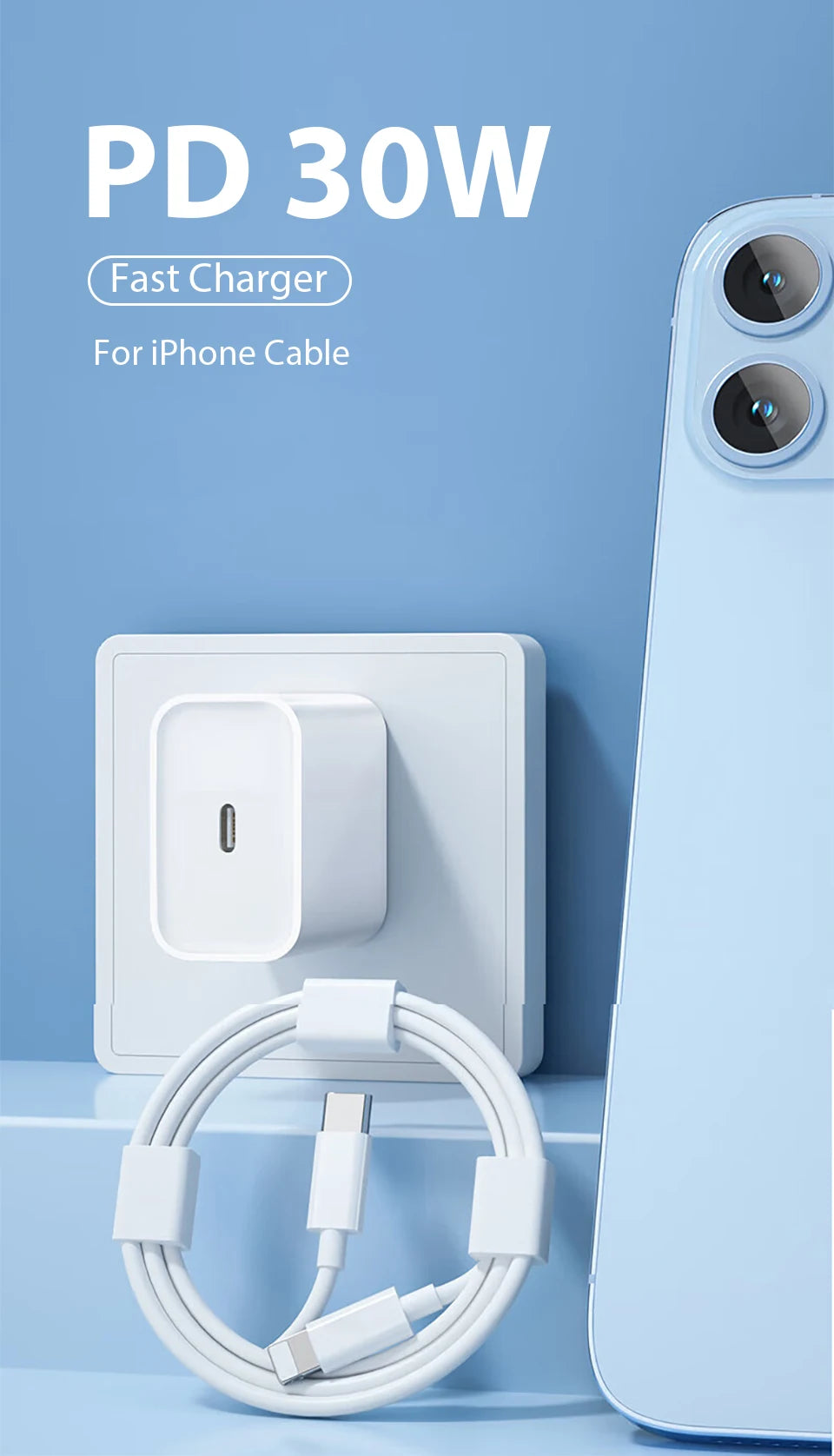 Carregador Rápido PD de 30W - Adaptador de Energia USB-C com Cabo