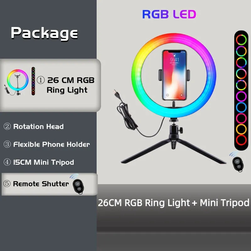 10" RGB Ringlicht mit Fernbedienung & Stativ – 15 Farben für Live & Studio
