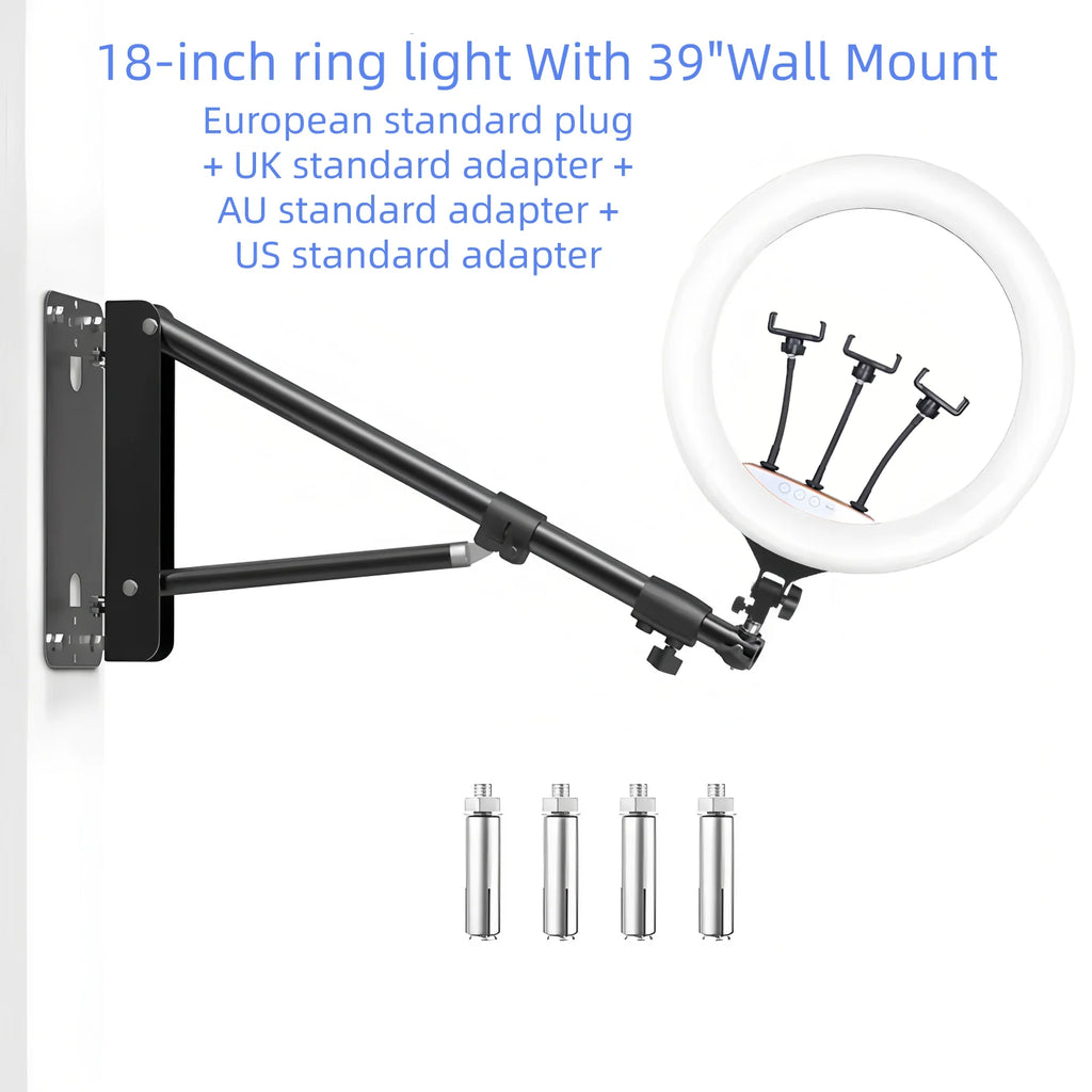 18" LED Ring Light with Wall Mount Boom Arm & Remote – Studio Lighting Kit