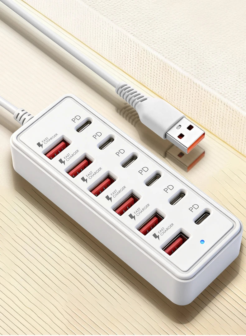 Carregador Rápido USB e USB-C de 12 Portas