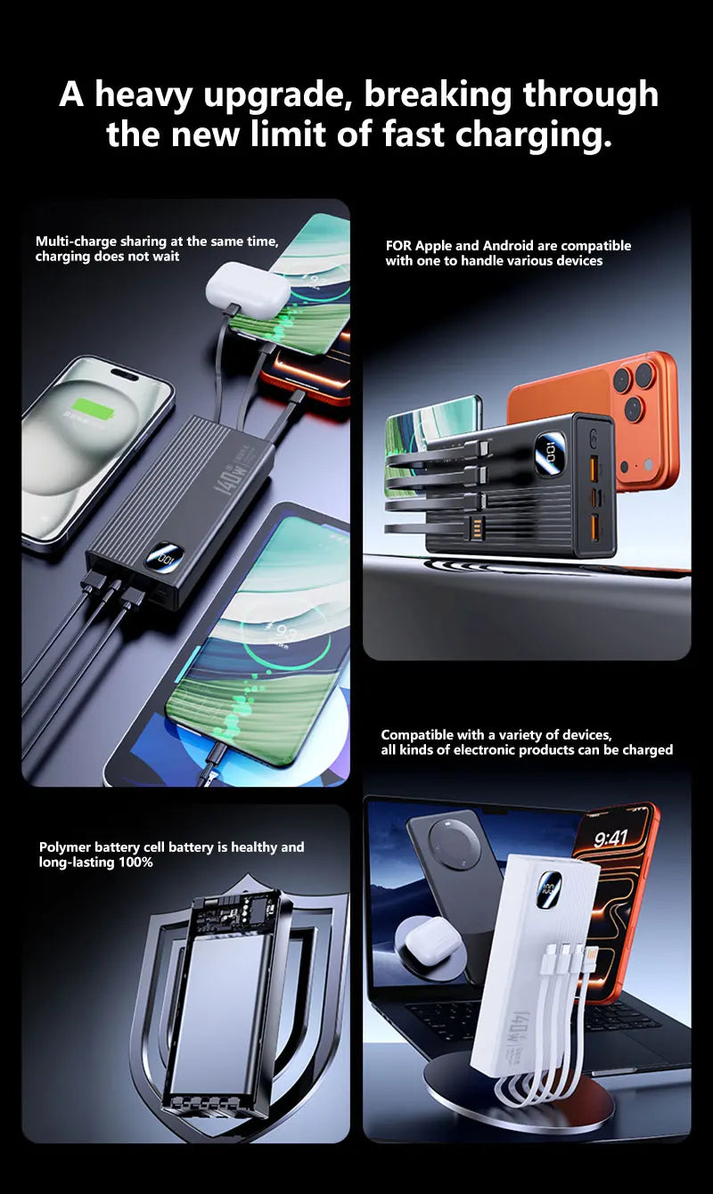 140W Super Fast Charging Power Bank - 500,000mAh with 4-in-1 Cables