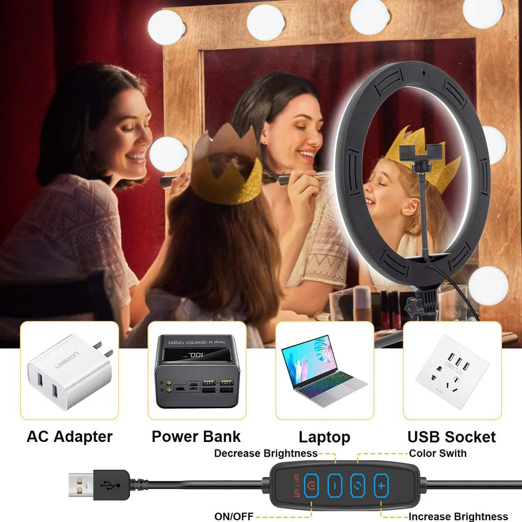 10"/13" LED Ring Light with Tripod – Dimmable USB Selfie Light for Video & Live