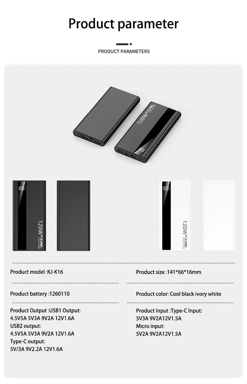 Power Bank 120W Carregamento Super Rápido Portátil