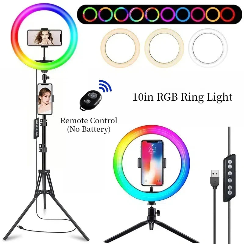 10" RGB Ring Light with Remote & Tripod – 15 Colors, Live & Studio Lighting