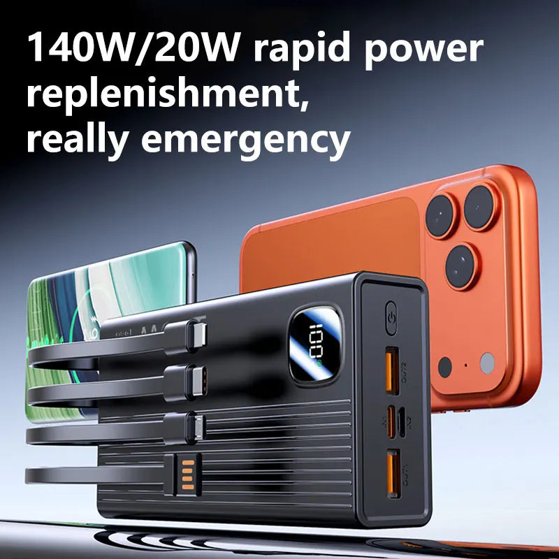 140W Super Fast Charging Power Bank - 500,000mAh with 4-in-1 Cables