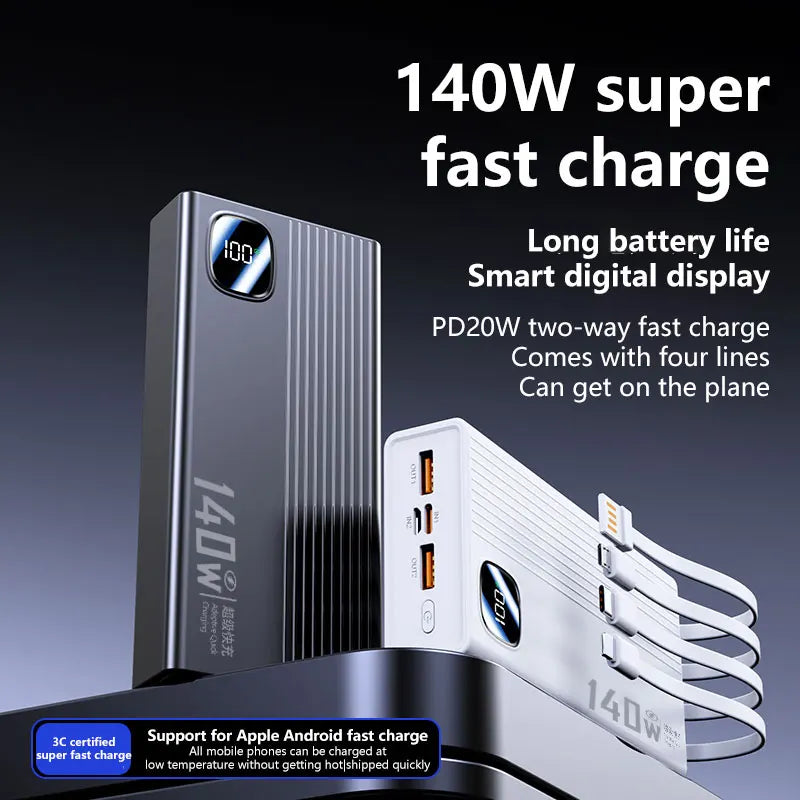 140W Super Fast Charging Power Bank - 500,000mAh with 4-in-1 Cables