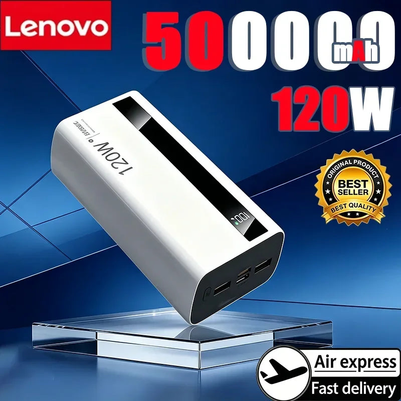 Lenovo 500000mAh 120W Portable Power Bank Large Capacity Super Fast Charge External Battery For Xiaomi Iphone 2026New