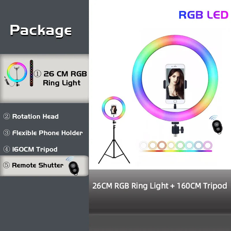 10" RGB Ring Light with Remote & Tripod – 15 Colors, Live & Studio Lighting