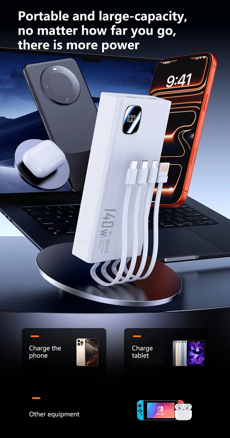 140W Super Fast Charging Power Bank - 500,000mAh with 4-in-1 Cables